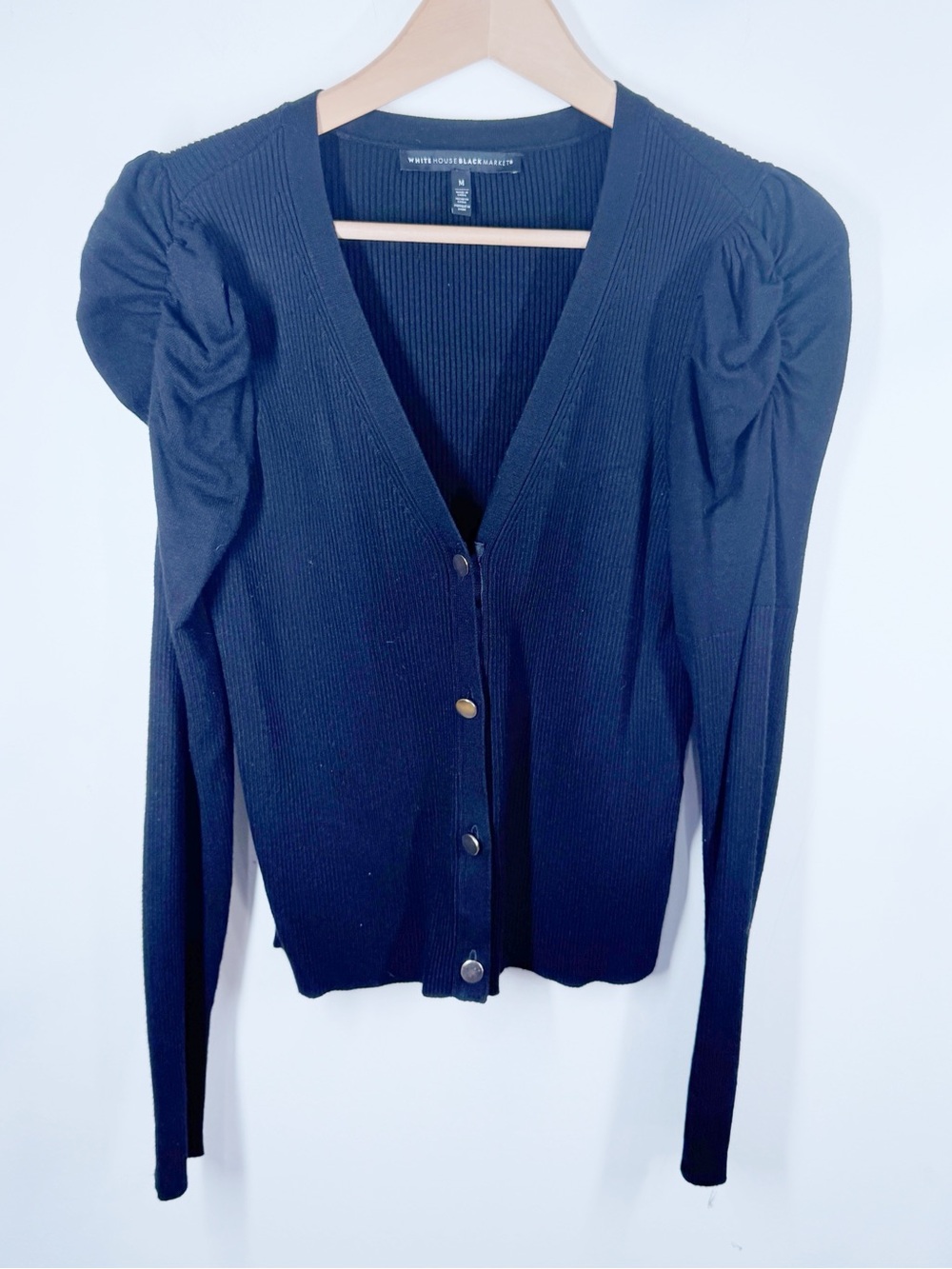 White House Black Market Black Puff-Sleeve Ribbed Cardigan Sweater Medium